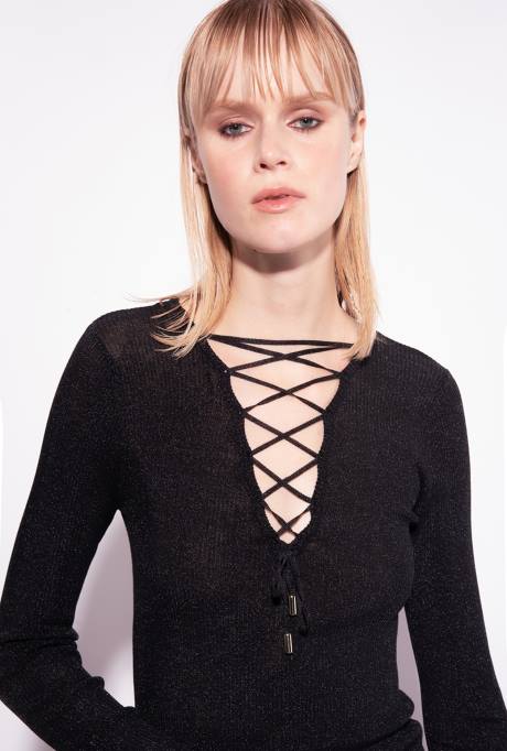 truien | L488525 trui met v-hals en gekruiste vetersluiting Pinko limousine zwart