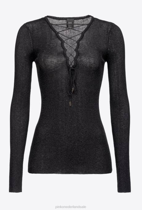truien | L488525 trui met v-hals en gekruiste vetersluiting Pinko limousine zwart