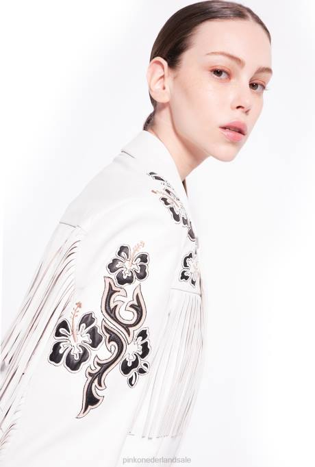 vrijetijdsjassen | L488604 leren blazer met borduursels en franjes Pinko zijde wit