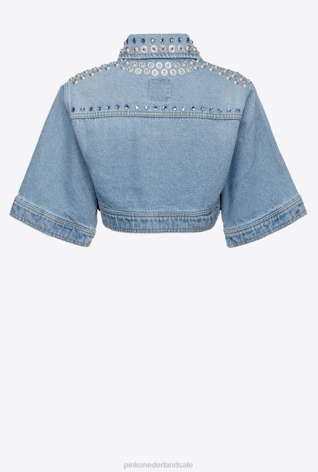 vrijetijdsjassen | L488834 cropped spijkerjack met strass steentjes Pinko medium lichte wassing