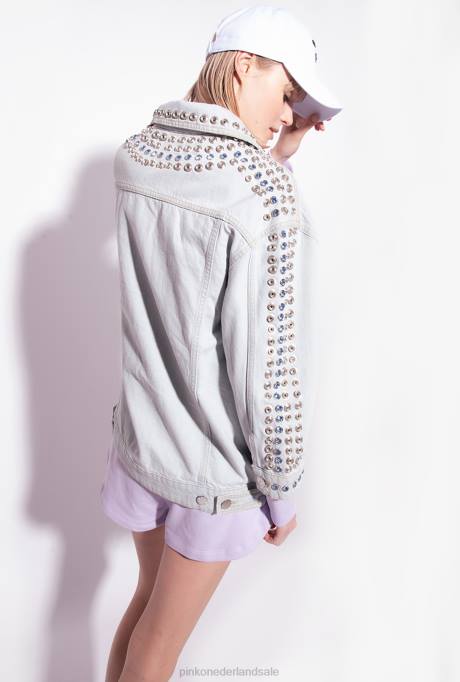 vrijetijdsjassen | L488835 spijkerjack met metaal en strass-steentjes Pinko lichte bleekwas