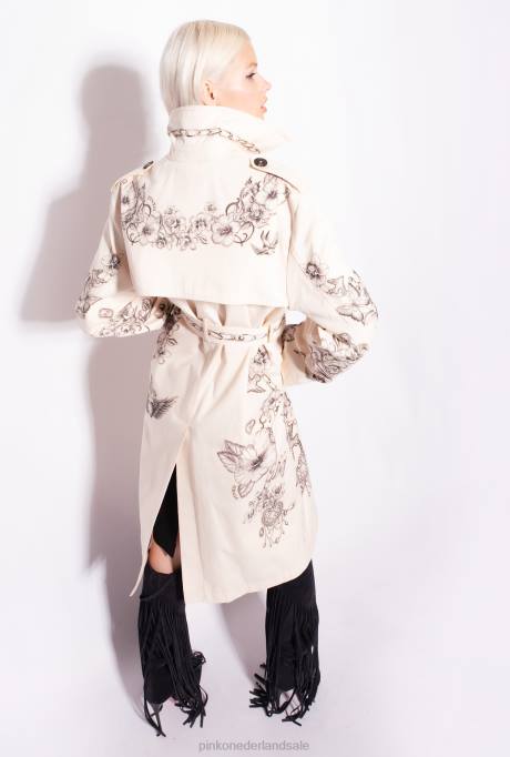 jassen | L488830 Trenchcoat met tatoeageprint Pinko boter/zwart