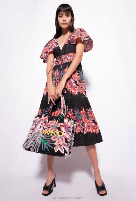 halflange jurken | L488106 Poplin jurk met tropische print Pinko multi. zwart rood