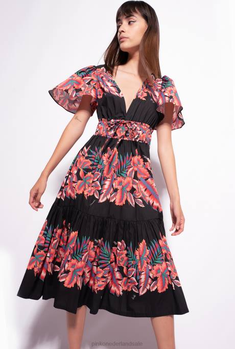 halflange jurken | L488106 Poplin jurk met tropische print Pinko multi. zwart rood