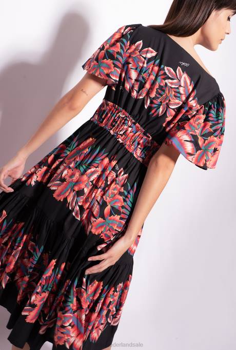 halflange jurken | L488106 Poplin jurk met tropische print Pinko multi. zwart rood