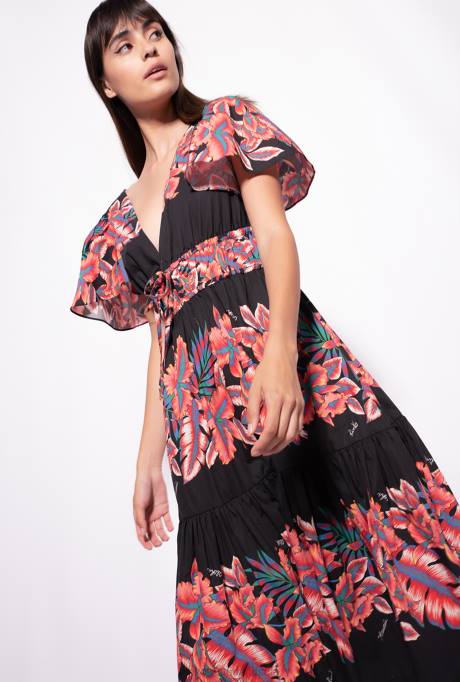 halflange jurken | L488106 Poplin jurk met tropische print Pinko multi. zwart rood