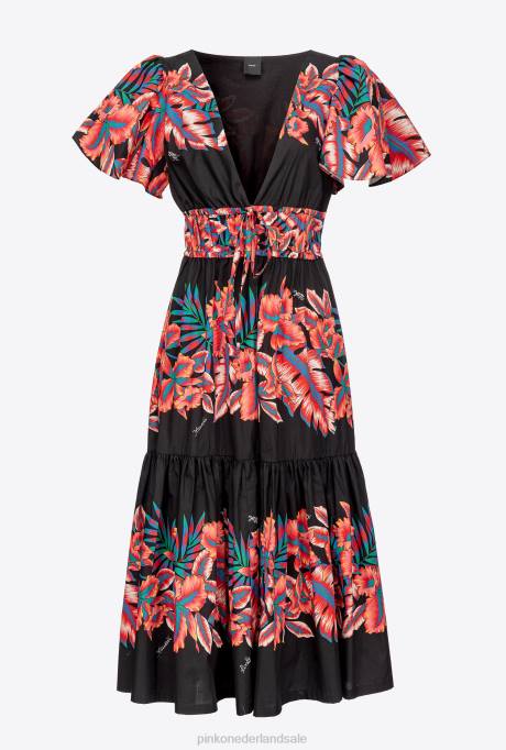 halflange jurken | L488106 Poplin jurk met tropische print Pinko multi. zwart rood