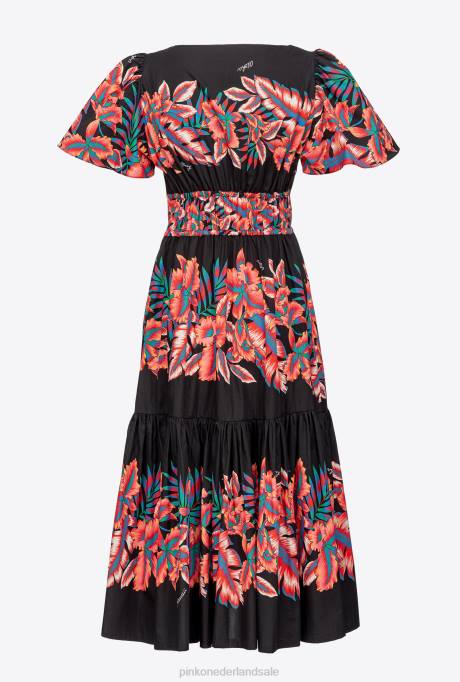 halflange jurken | L488106 Poplin jurk met tropische print Pinko multi. zwart rood