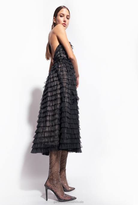 halflange jurken | L488116 tule midi-jurk met ruches Pinko zwart/naakt