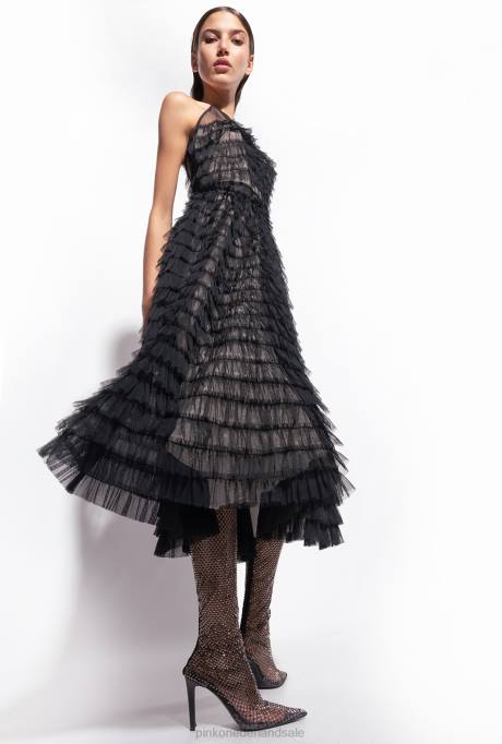 halflange jurken | L488116 tule midi-jurk met ruches Pinko zwart/naakt
