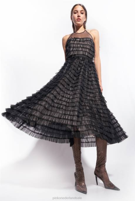 halflange jurken | L488116 tule midi-jurk met ruches Pinko zwart/naakt
