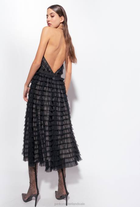halflange jurken | L488116 tule midi-jurk met ruches Pinko zwart/naakt