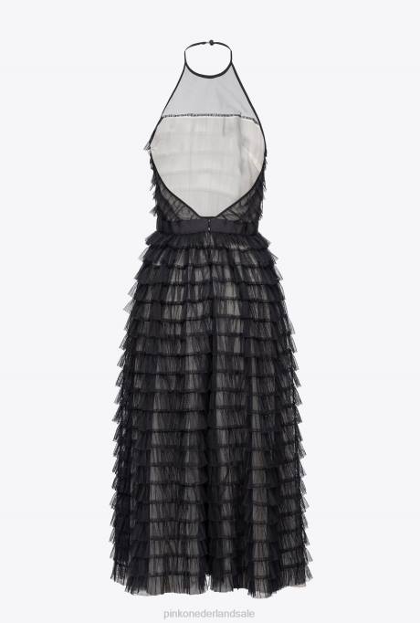 halflange jurken | L488116 tule midi-jurk met ruches Pinko zwart/naakt
