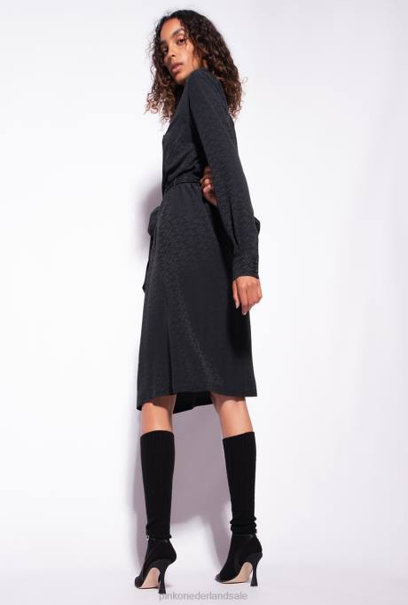 halflange jurken | L488119 jacquard overhemdjurk met logoprint Pinko limousine zwart