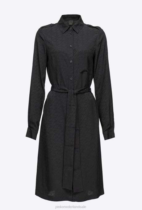 halflange jurken | L488119 jacquard overhemdjurk met logoprint Pinko limousine zwart