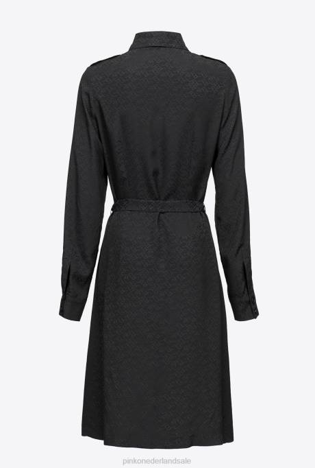 halflange jurken | L488119 jacquard overhemdjurk met logoprint Pinko limousine zwart