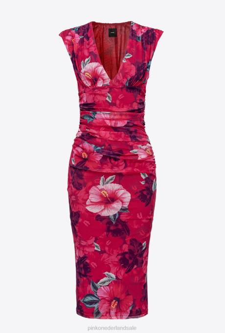 halflange jurken | L488138 kuitlange jurk met hibiscusprint Pinko multi. fuchsia/roze