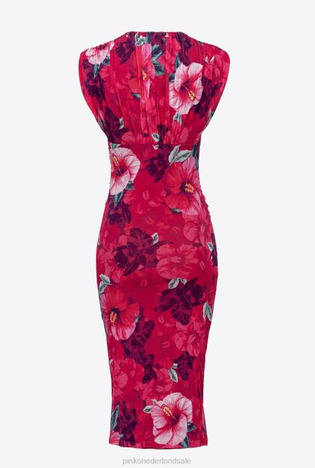 halflange jurken | L488138 kuitlange jurk met hibiscusprint Pinko multi. fuchsia/roze