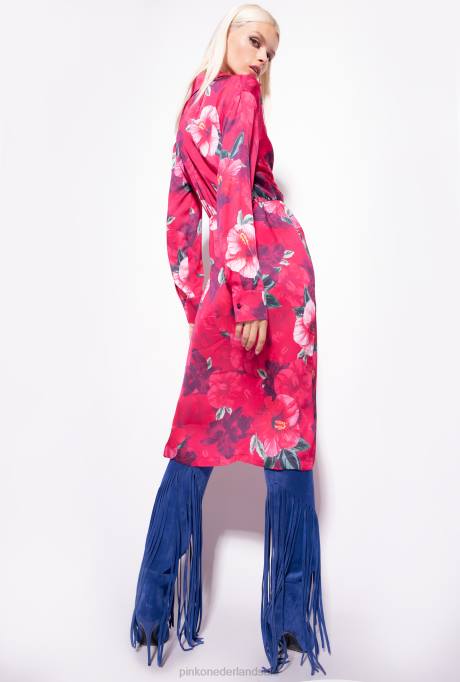 halflange jurken | L488145 hemdjurk met hibiscusprint Pinko multi. fuchsia/roze