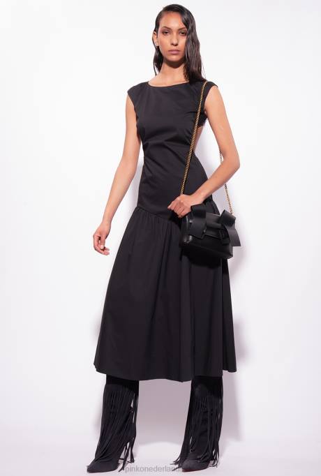 halflange jurken | L488158 popeline jurk met open rug Pinko limousine zwart