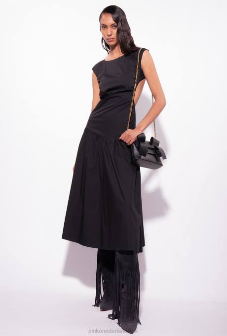 halflange jurken | L488158 popeline jurk met open rug Pinko limousine zwart