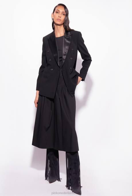 halflange jurken | L488158 popeline jurk met open rug Pinko limousine zwart