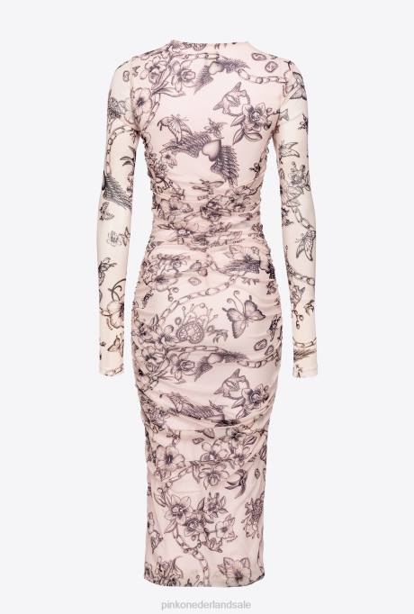 halflange jurken | L488163 slimfit jurk met tatoeageprint Pinko naakt/zwart