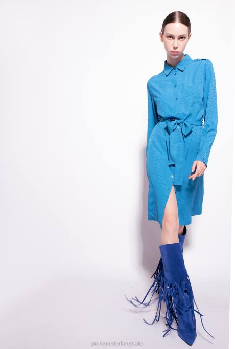 halflange jurken | L488164 jacquard overhemdjurk met logoprint Pinko directeur blauw