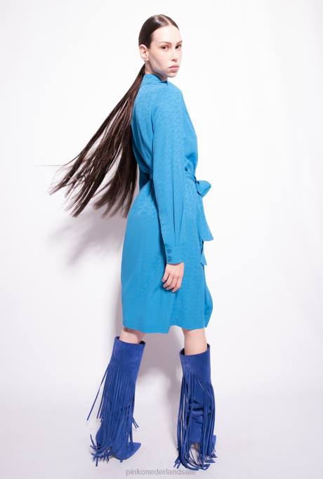 halflange jurken | L488164 jacquard overhemdjurk met logoprint Pinko directeur blauw
