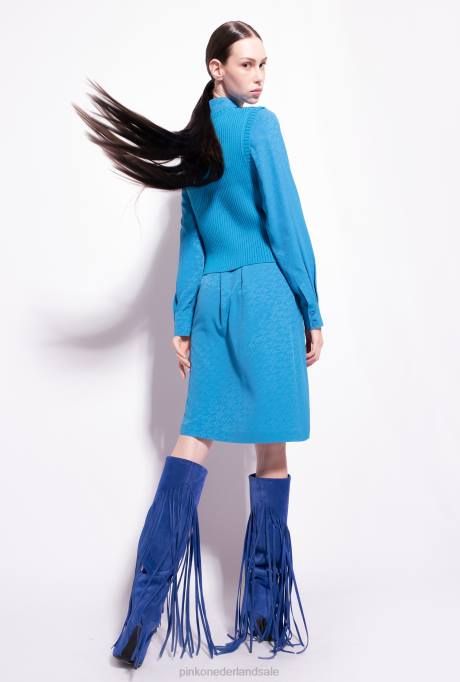 halflange jurken | L488164 jacquard overhemdjurk met logoprint Pinko directeur blauw