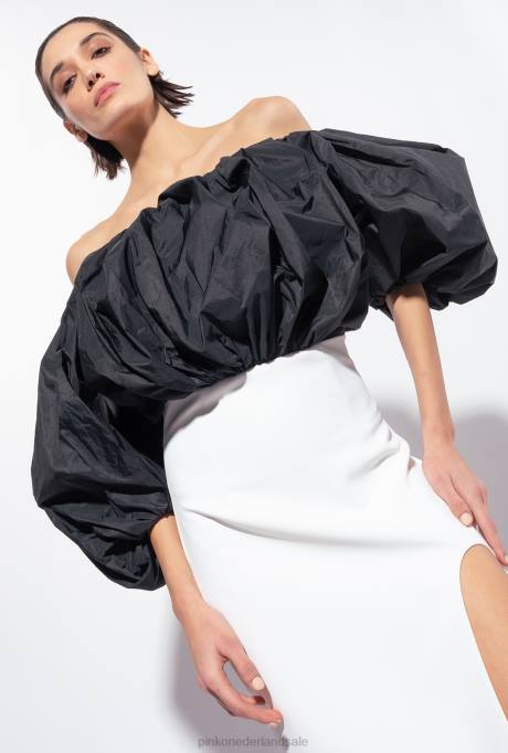 halflange jurken | L488195 kuitlange jurk met tafzijde Pinko wit Zwart