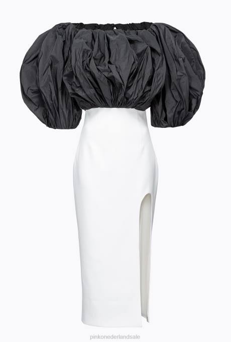 halflange jurken | L488195 kuitlange jurk met tafzijde Pinko wit Zwart