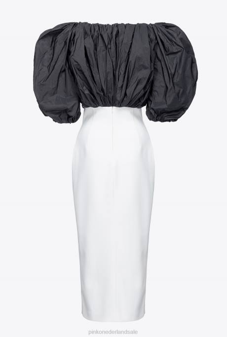 halflange jurken | L488195 kuitlange jurk met tafzijde Pinko wit Zwart