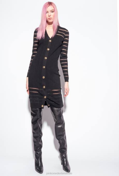 halflange jurken | L488222 gestreepte gebreide jurk Pinko limousine zwart