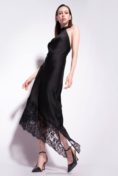 halflange jurken | L488223 rugloze midi-jurk met kant Pinko limousine zwart