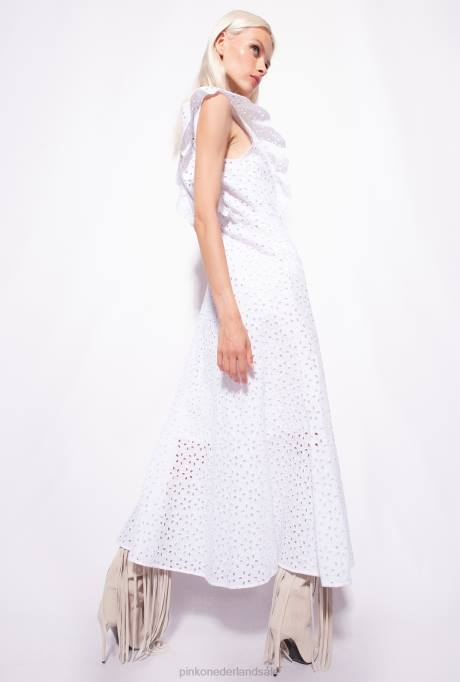 halflange jurken | L488225 katoenen jurk met broderie anglaise Pinko Helder wit