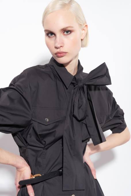 halflange jurken | L48839 katoenen popeline overhemdjurk met sjerp Pinko limousine zwart