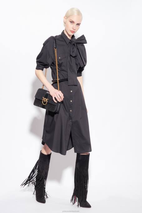 halflange jurken | L48839 katoenen popeline overhemdjurk met sjerp Pinko limousine zwart