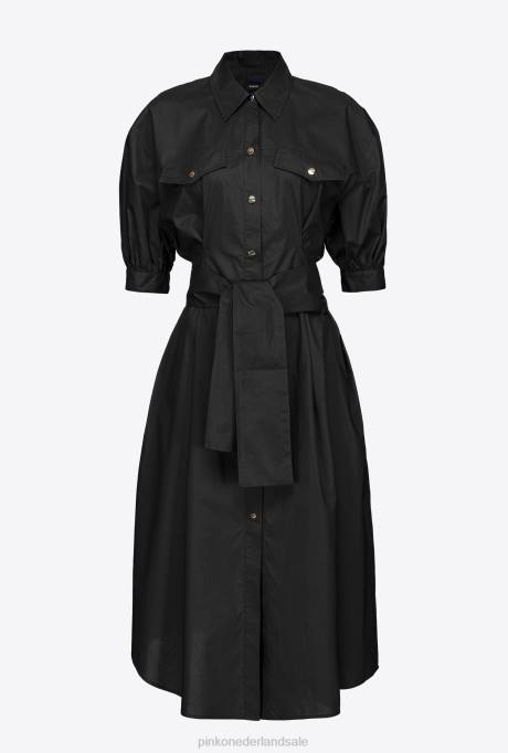halflange jurken | L48839 katoenen popeline overhemdjurk met sjerp Pinko limousine zwart
