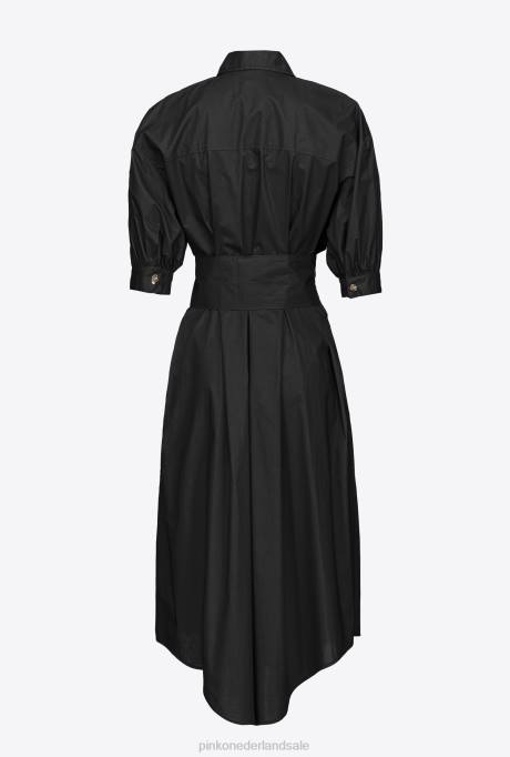 halflange jurken | L48839 katoenen popeline overhemdjurk met sjerp Pinko limousine zwart