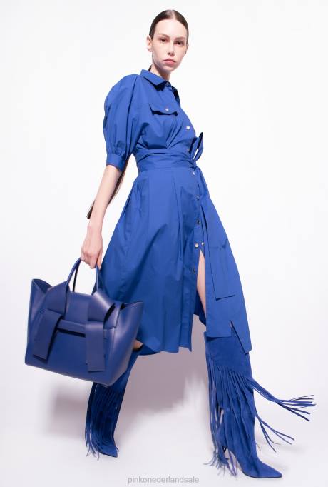 halflange jurken | L48840 katoenen popeline overhemdjurk met sjerp Pinko blauw