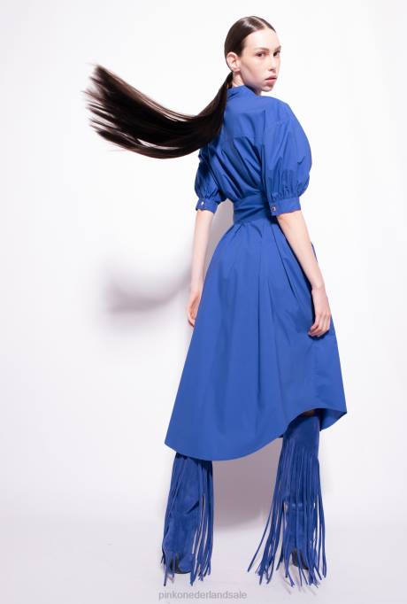halflange jurken | L48840 katoenen popeline overhemdjurk met sjerp Pinko blauw