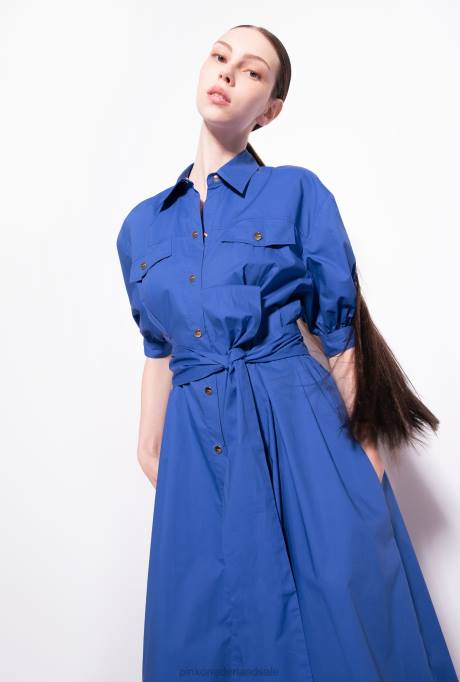 halflange jurken | L48840 katoenen popeline overhemdjurk met sjerp Pinko blauw