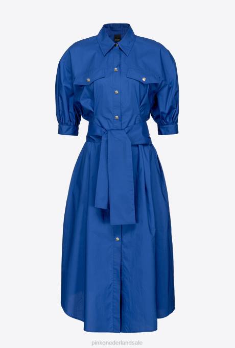halflange jurken | L48840 katoenen popeline overhemdjurk met sjerp Pinko blauw