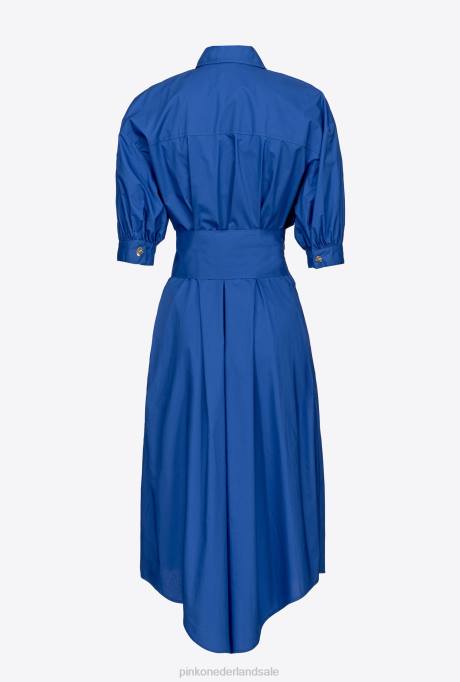 halflange jurken | L48840 katoenen popeline overhemdjurk met sjerp Pinko blauw