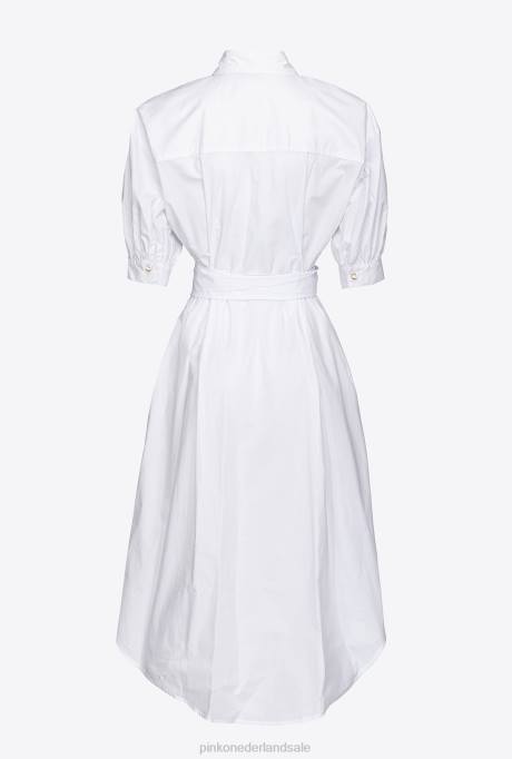 halflange jurken | L48841 katoenen popeline overhemdjurk met sjerp Pinko Helder wit