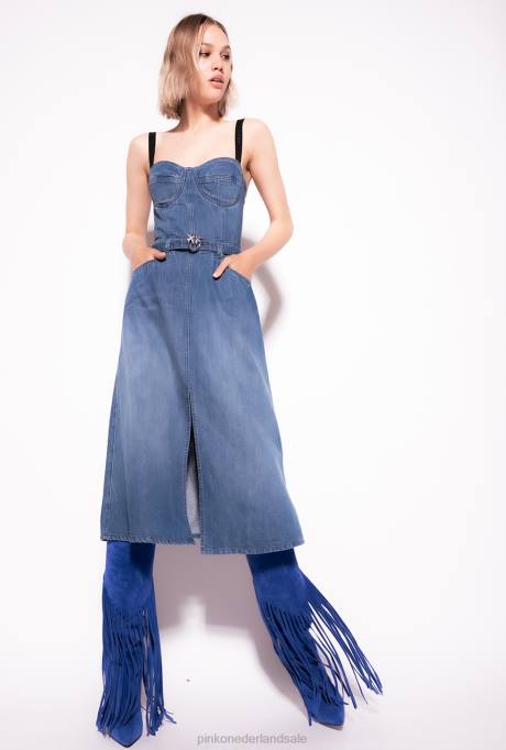 halflange jurken | L48856 denim bustierjurk Pinko donkere middenwas