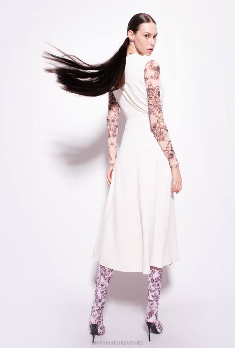 halflange jurken | L48869 midi-jurk van stretchcrêpe Pinko roze rook wit