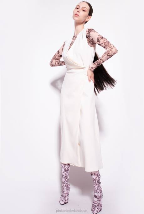 halflange jurken | L48869 midi-jurk van stretchcrêpe Pinko roze rook wit