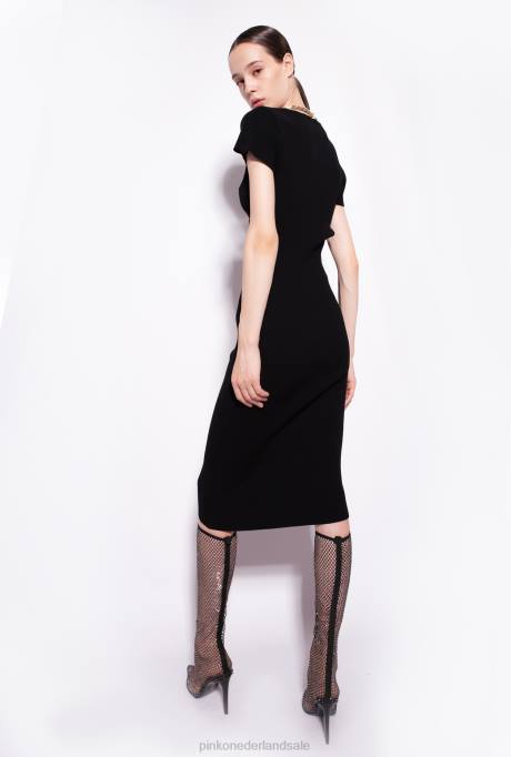halflange jurken | L48871 gebreide kuitlange jurk met ketting Pinko limousine zwart